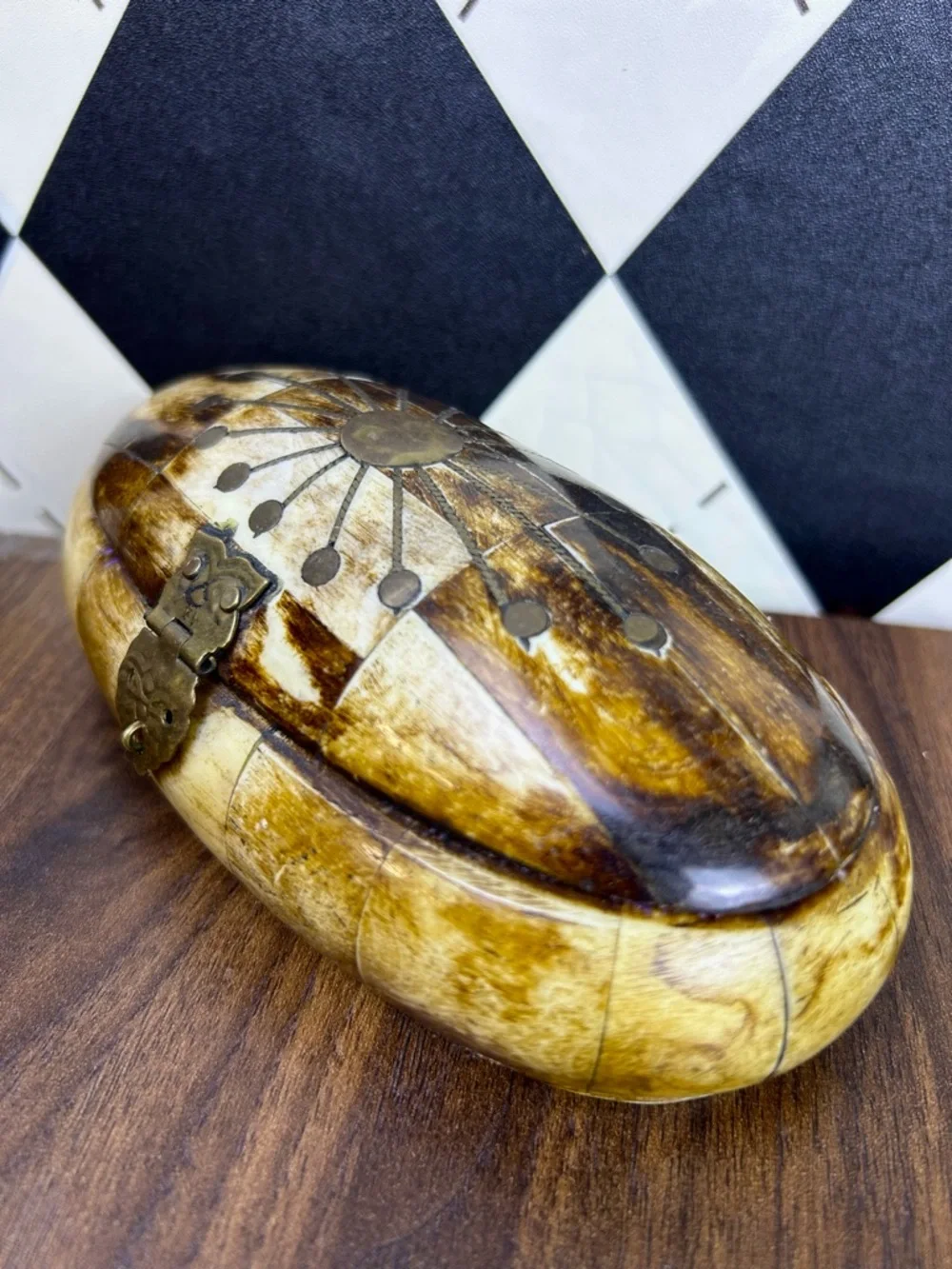 Vintage Bovine Bone Trinket Box Brass‎ Inlay Jewelry Box Collectible Carmel Bone